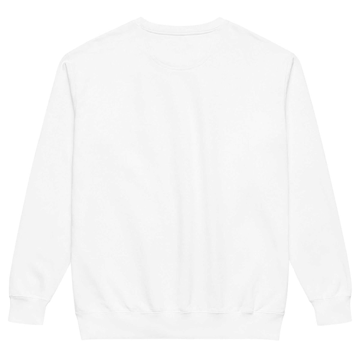 Unisex Garment-Dyed Sweatshirt in plain white cotton-blend fleece, with a crew neck, ribbed cuffs, and waistband.