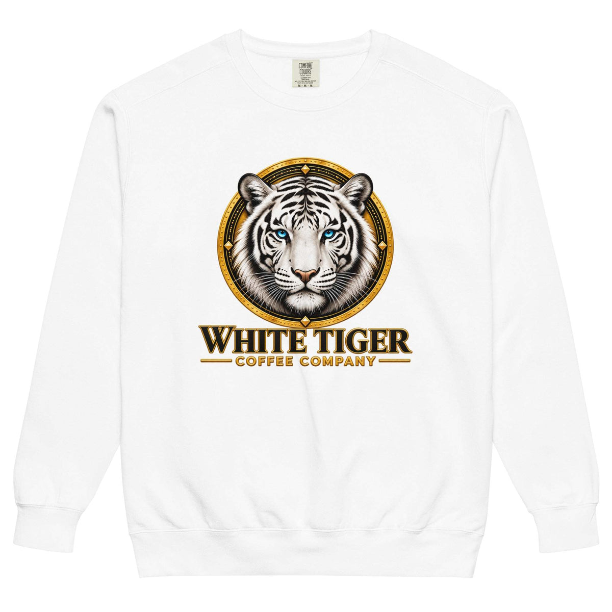 Unisex Garment-Dyed Sweatshirt in white cotton-blend fleece, featuring a detailed white tiger and gold-and-black coffee company graphic.