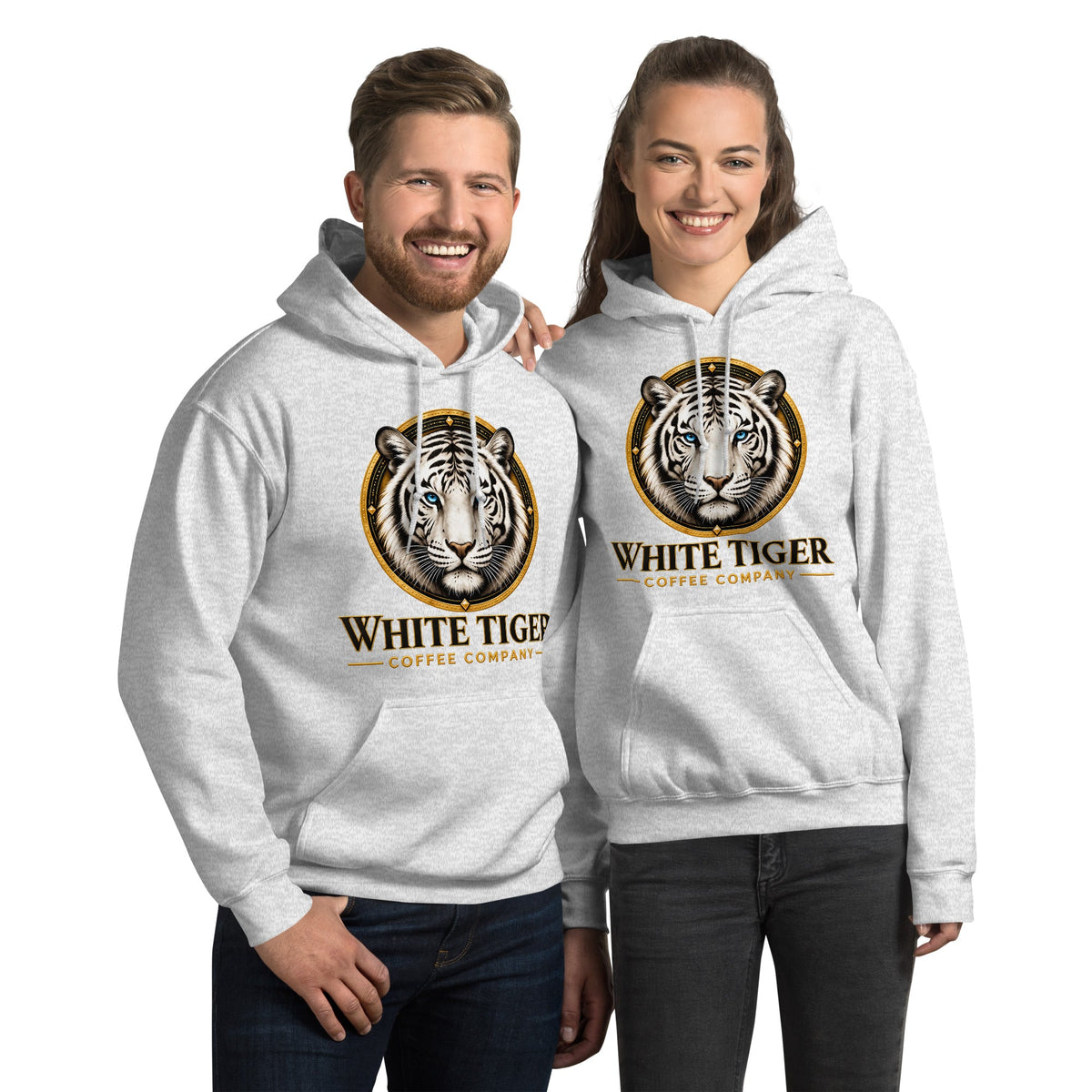 Unisex Hoodie in light heather gray cotton-blend fleece, with a front pouch pocket and bold White Tiger logo print.