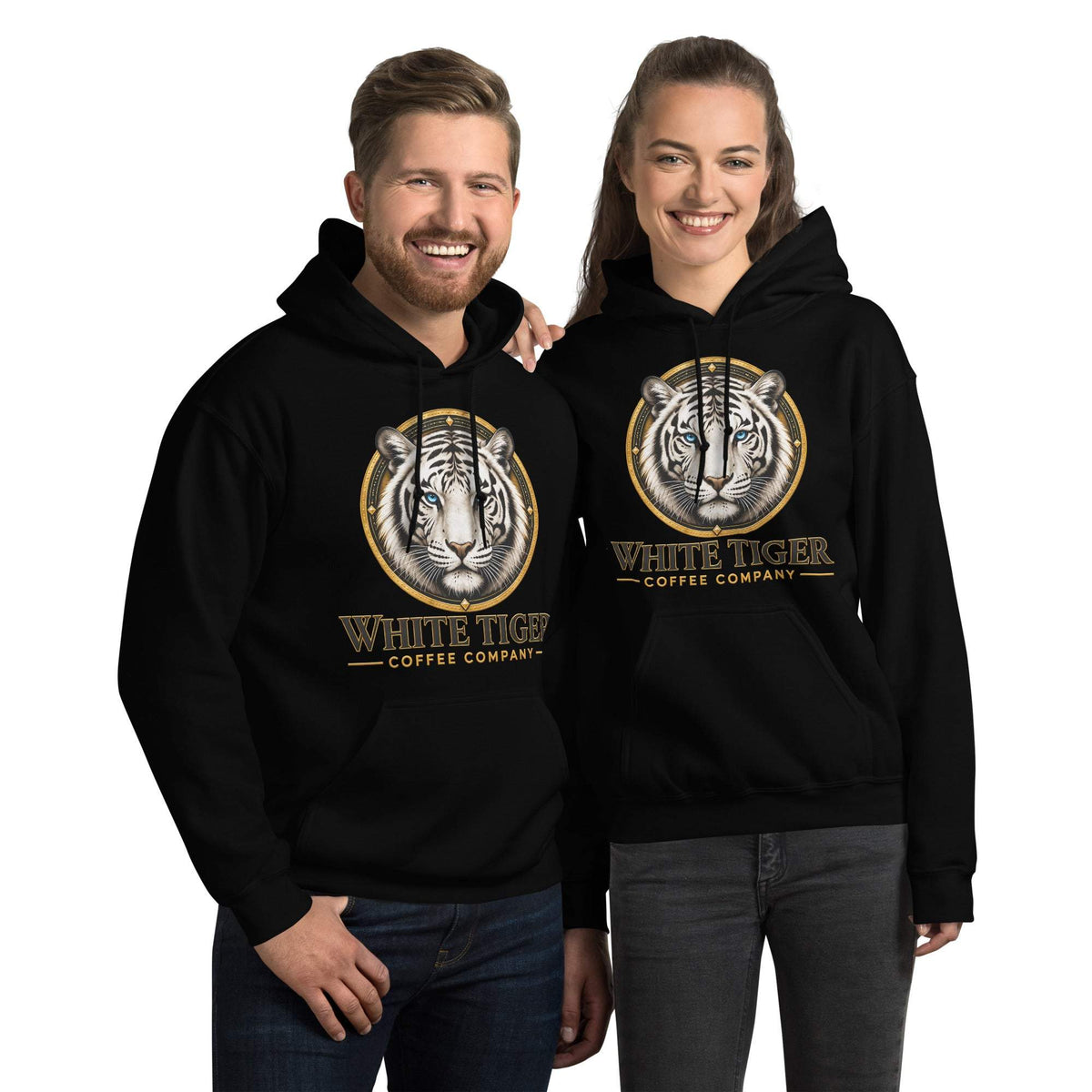 Unisex Hoodie in black cotton-blend fleece, featuring a front pouch pocket and gold-and-white tiger graphic with text.