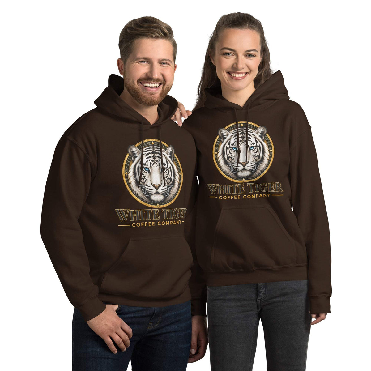 Unisex Hoodie in dark brown fleece with kangaroo pockets and matching drawstrings, printed with a tiger and gold lettering.