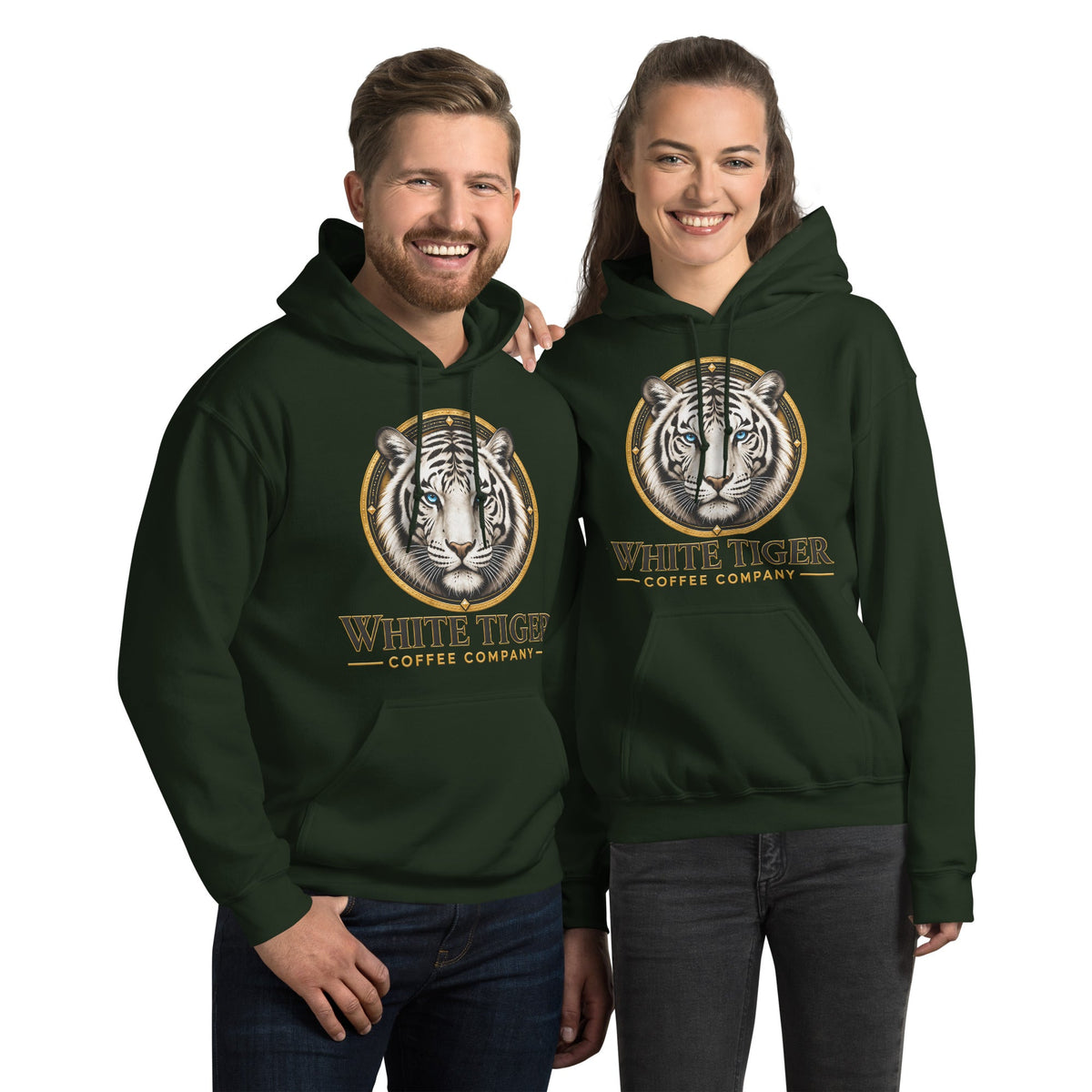 Unisex Hoodie in dark green, soft fabric with a front pouch pocket and circular tiger graphic with gold lettering.