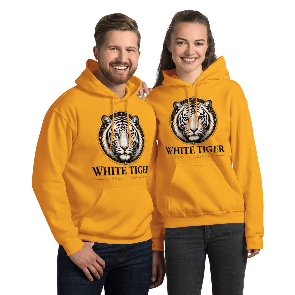 Unisex Hoodie in golden orange cotton-blend fleece, featuring a front pouch pocket and a bold white tiger graphic with lettering.