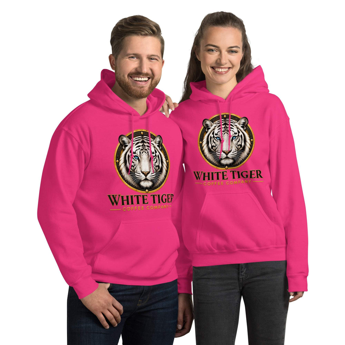 Unisex Hoodie in vivid pink fleece with drawstring hoods, front pouch pockets, and bold White Tiger graphics.