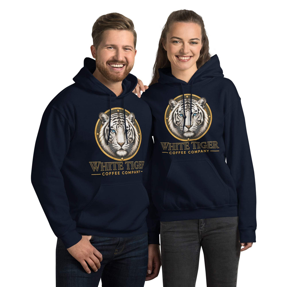 Unisex Hoodie in dark navy cotton-blend fleece, featuring a front pouch pocket and bold white tiger coffee company graphic.