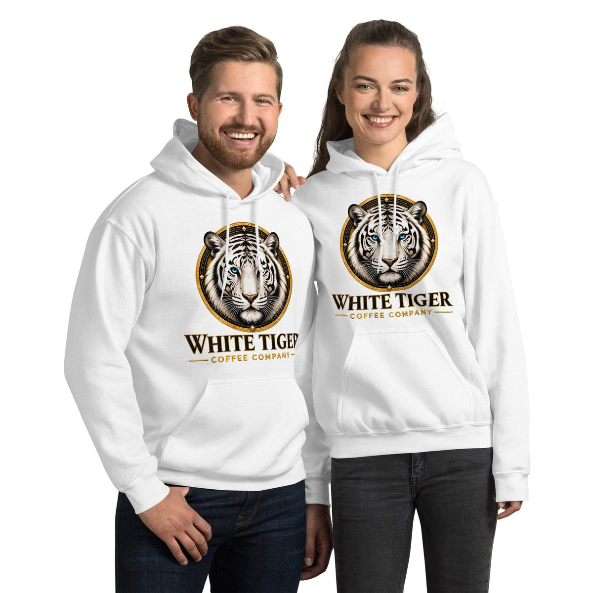 Unisex Hoodie in white cotton-blend fleece, featuring a front pouch pocket and bold White Tiger Coffee Company graphic.
