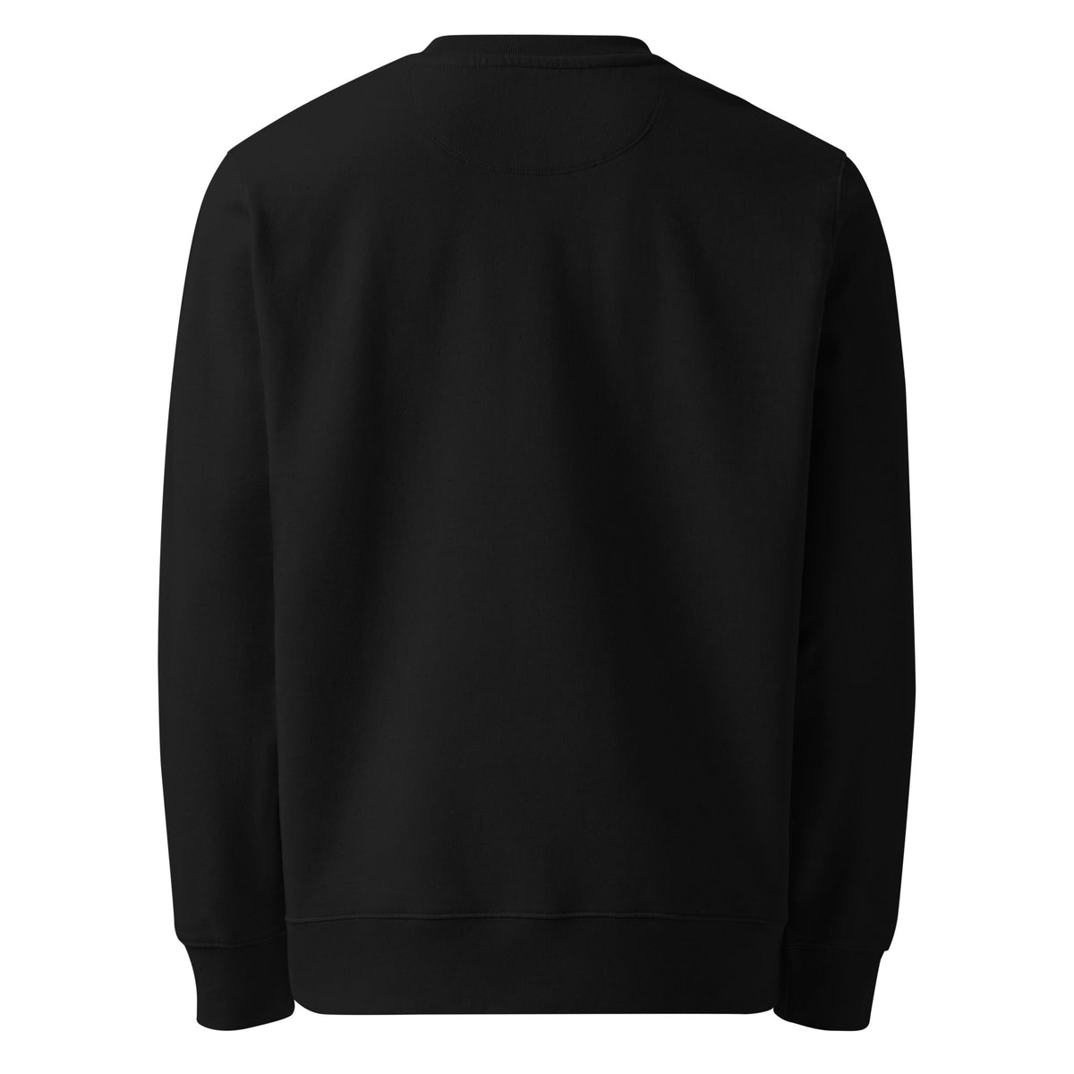 Unisex Organic Sweatshirt in solid black, with a crew neckline, long sleeves, ribbed cuffs and hem, and a plain back.