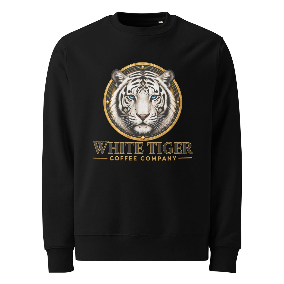 Unisex Organic Sweatshirt in black cotton-blend fleece, featuring a circular white tiger graphic with gold lettering on the front.