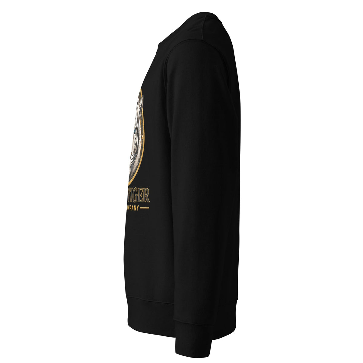 Unisex Organic Sweatshirt in black cotton-blend fleece, with long sleeves, ribbed cuffs and hem, and a gold graphic print.