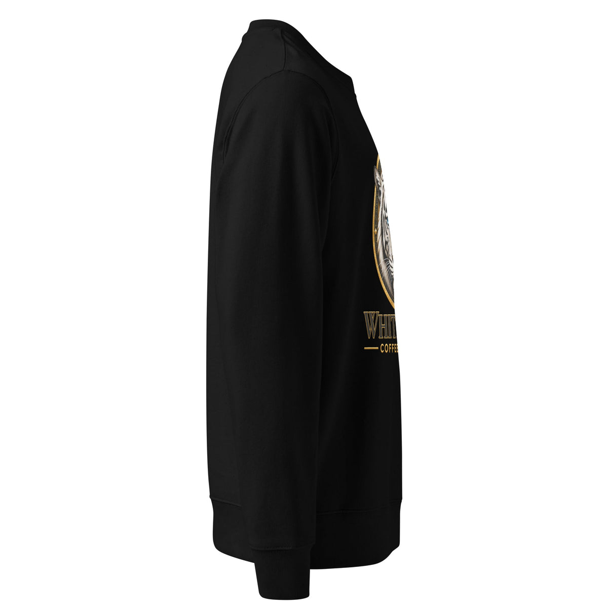 Unisex Organic Sweatshirt in black cotton-blend fleece, with long sleeves, ribbed cuffs and hem, and a gold chest graphic.