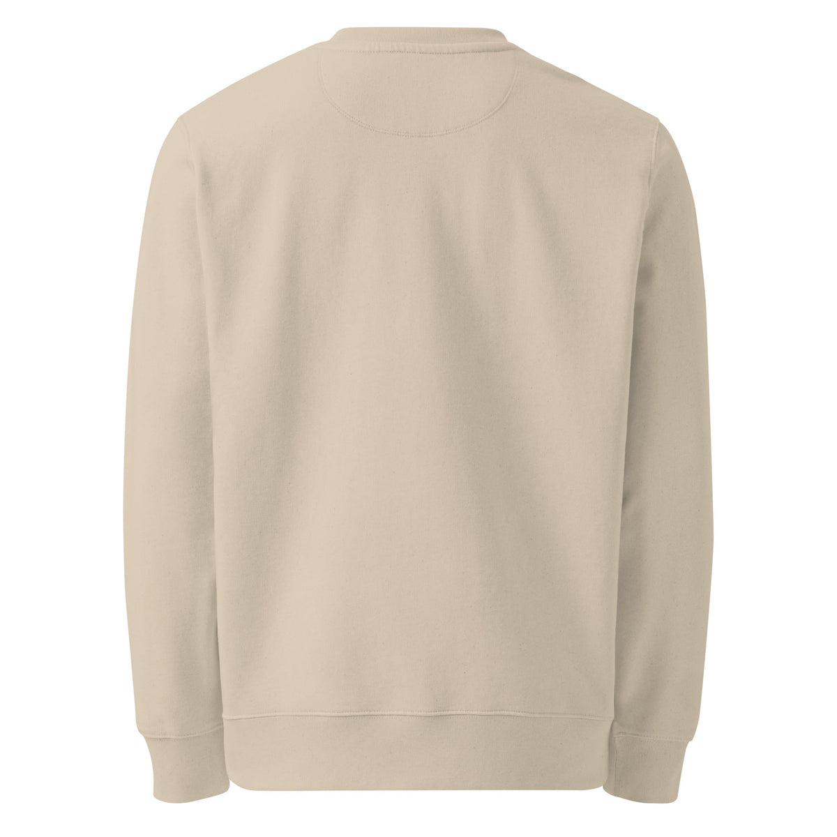 Unisex Organic Sweatshirt in solid beige fleece, featuring a relaxed fit, long sleeves, ribbed cuffs and hem, and a back neck half-moon detail.