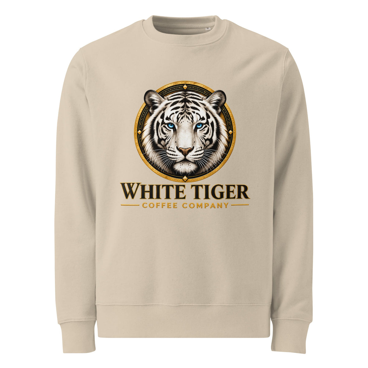 Unisex Organic Sweatshirt in beige cotton-blend fleece, featuring a bold black, white, and gold tiger and coffee company graphic.