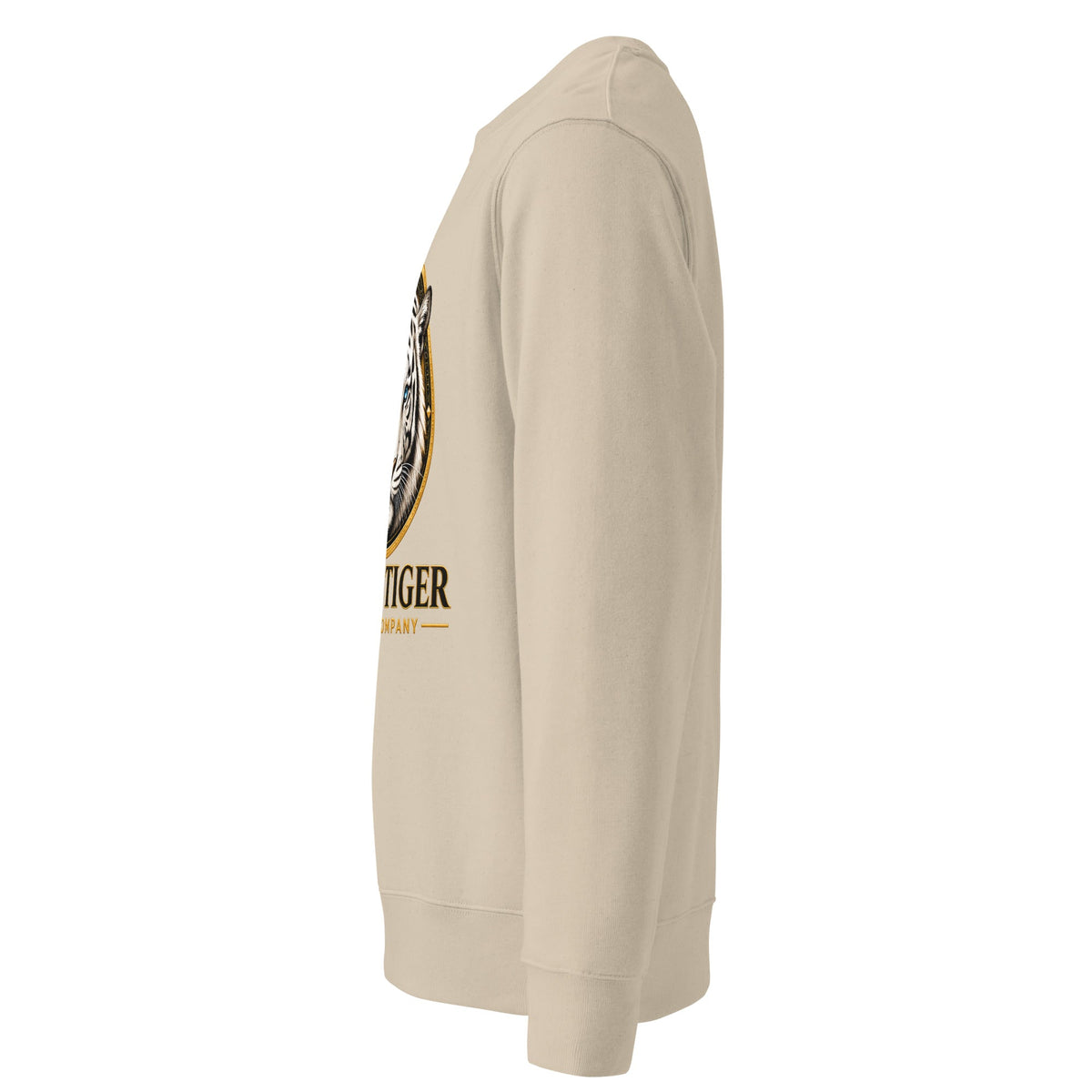 Unisex Organic Sweatshirt in beige cotton-blend fleece, with ribbed cuffs and hem and a partial tiger graphic on the chest.