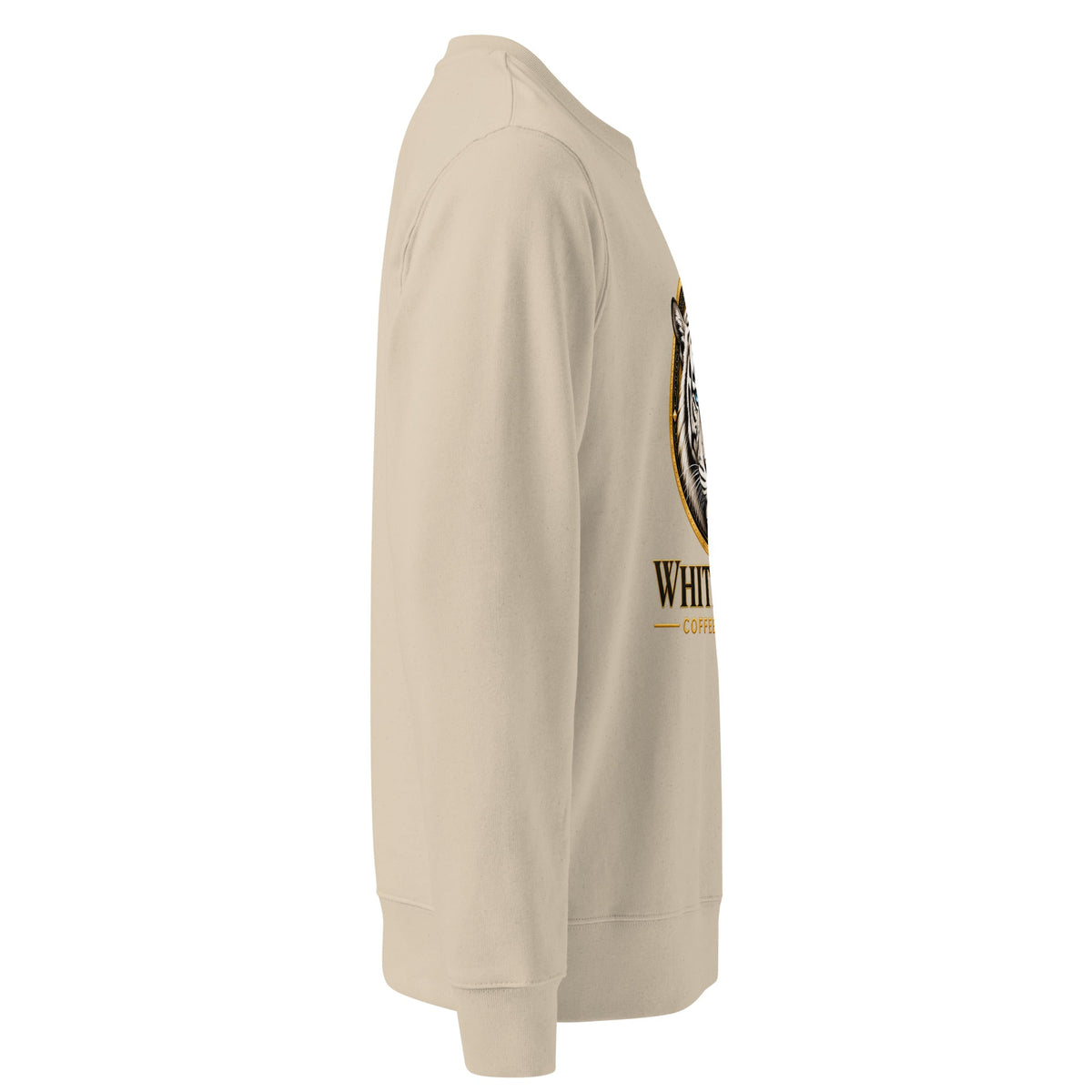 Unisex Organic Sweatshirt in beige cotton-blend fleece, with long sleeves, ribbed cuffs and hem, and a partial chest graphic.