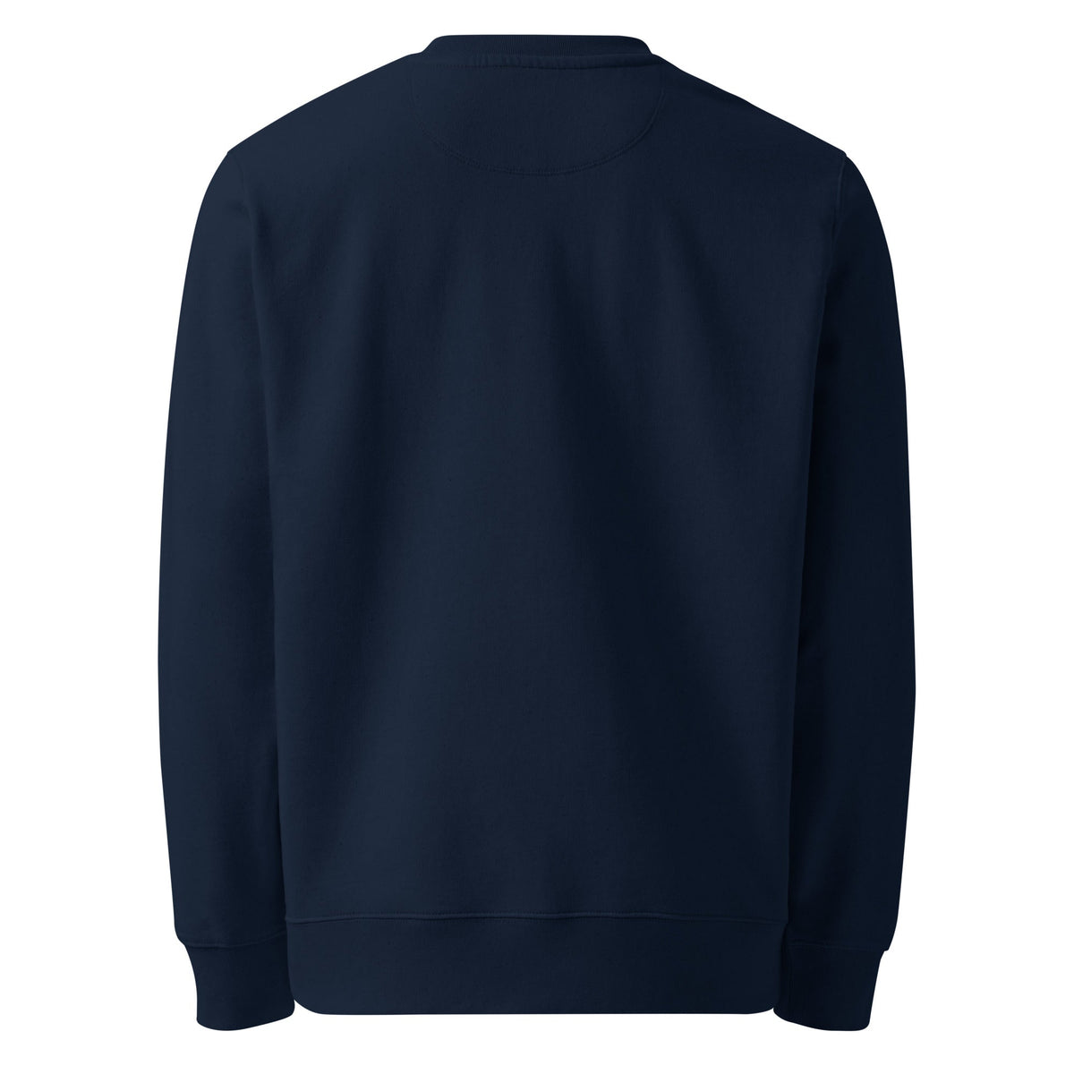 Unisex Organic Sweatshirt in solid dark navy, with a plain back, long sleeves, ribbed cuffs and hem, and a crew neck.