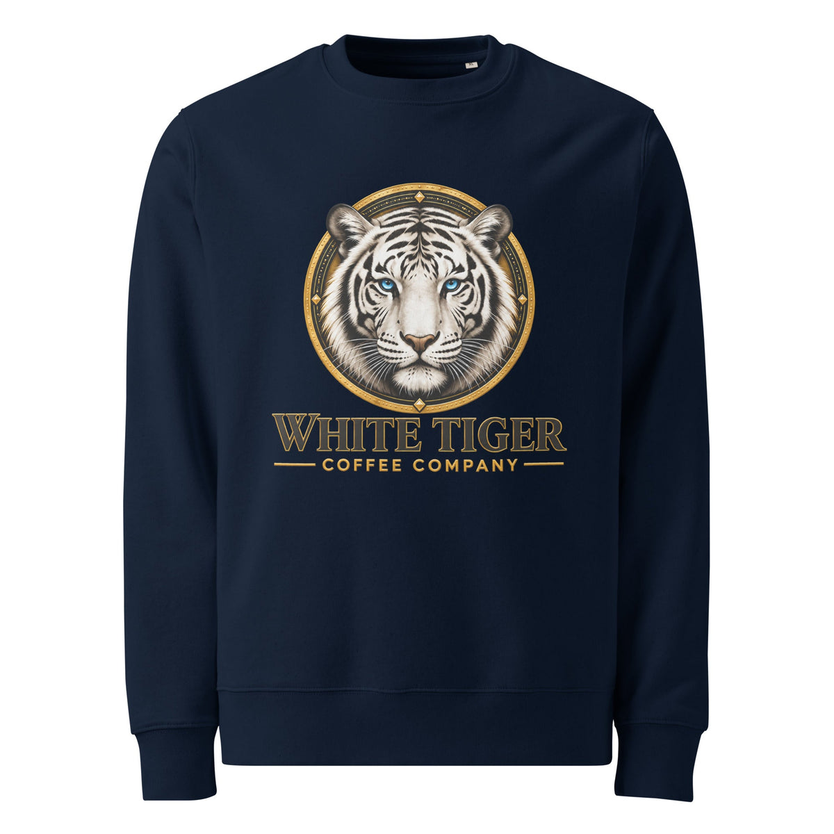 Unisex Organic Sweatshirt in navy, with a white tiger and gold “White Tiger Coffee Company” graphic on the front.