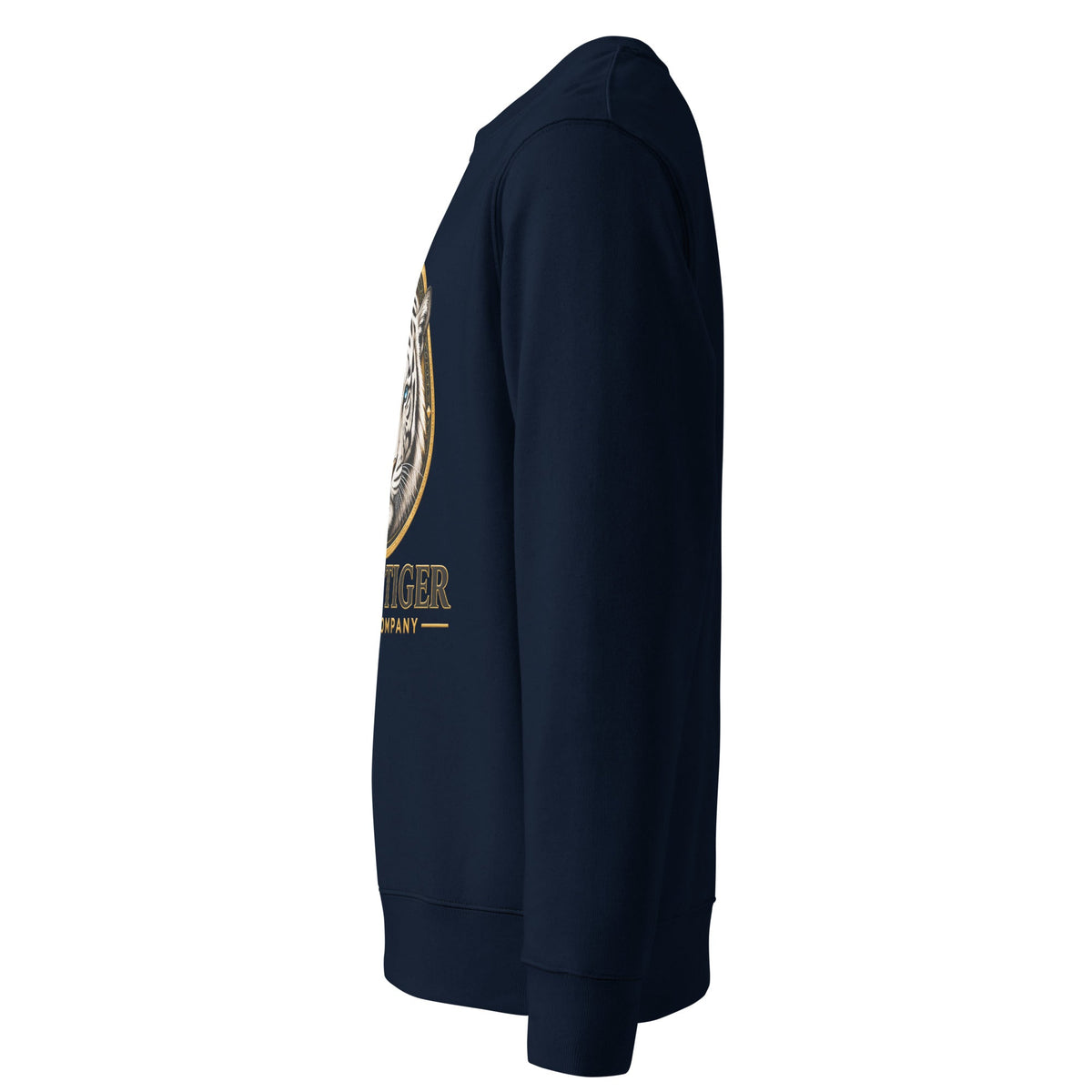 Unisex Organic Sweatshirt in deep navy fleece, with ribbed cuffs and hem and a partially visible gold-and-white chest graphic.