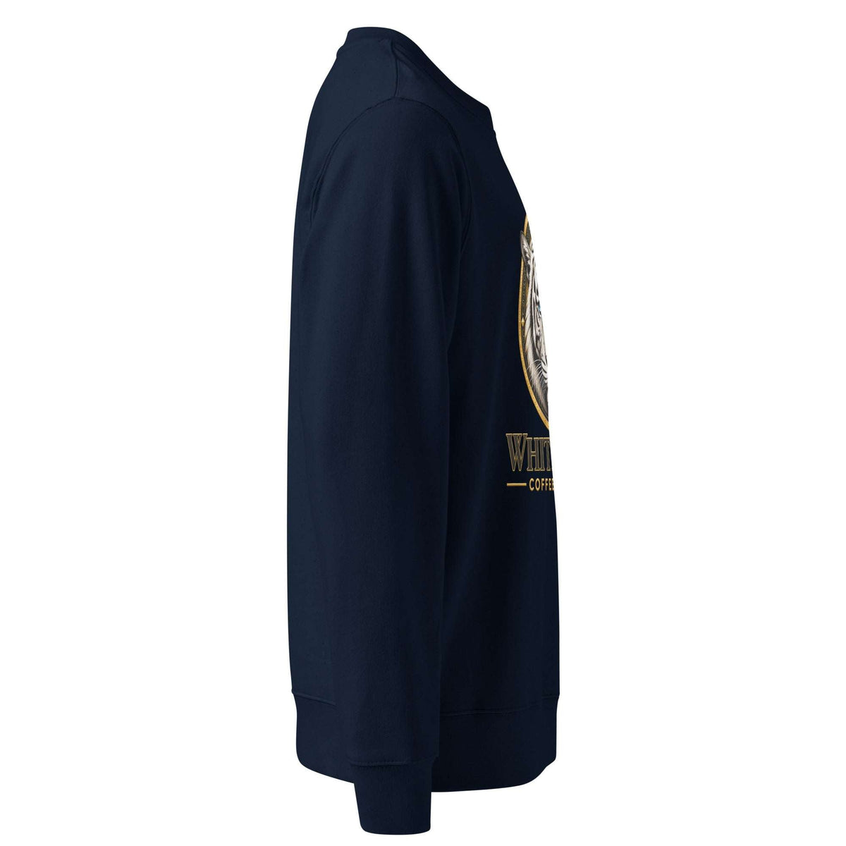 Unisex Organic Sweatshirt in dark navy cotton-blend fleece, with ribbed cuffs and hem and a partial gold-and-white chest graphic.