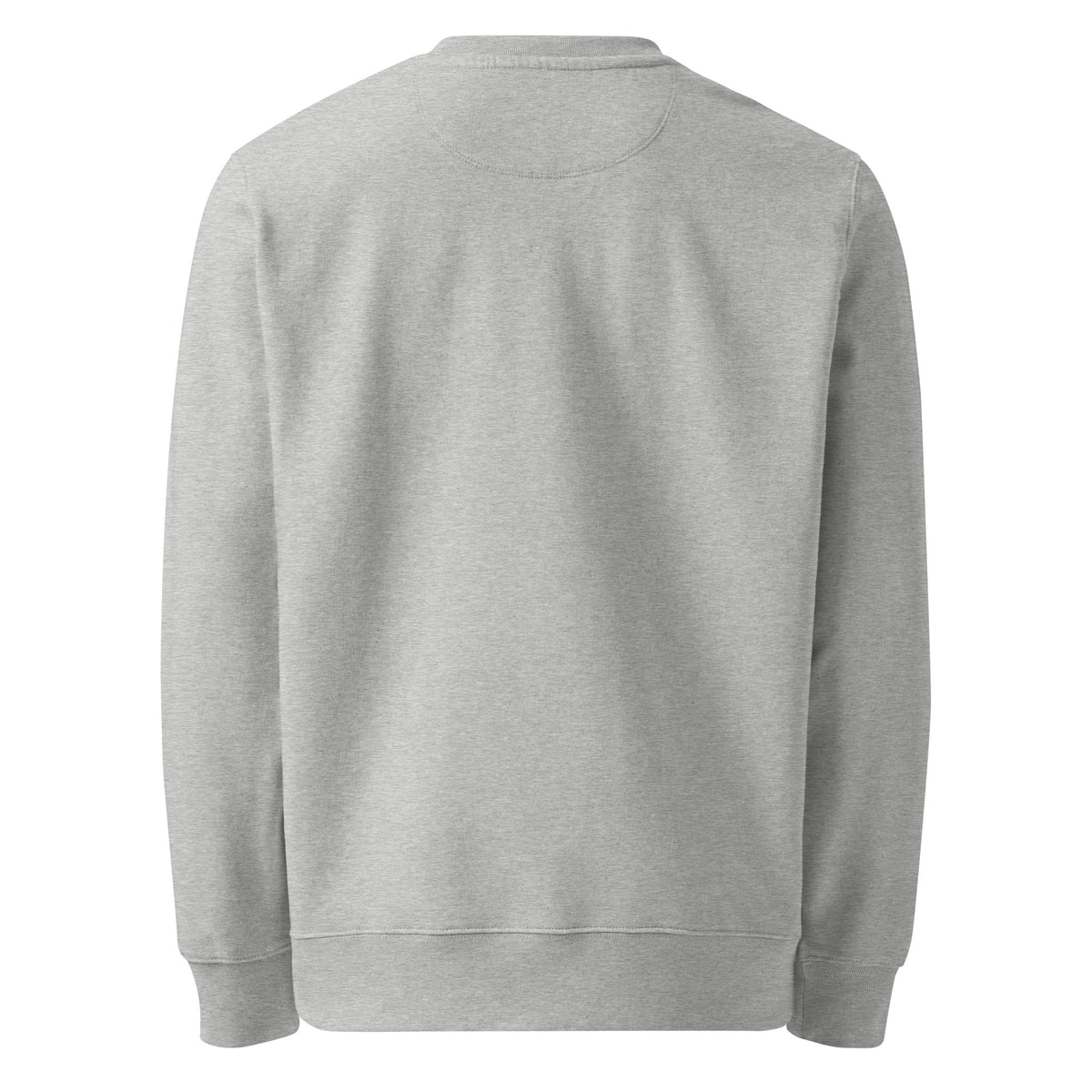 Unisex Organic Sweatshirt in light gray fleece, shown from the back with a subtle half-moon neck detail and ribbed cuffs and hem.