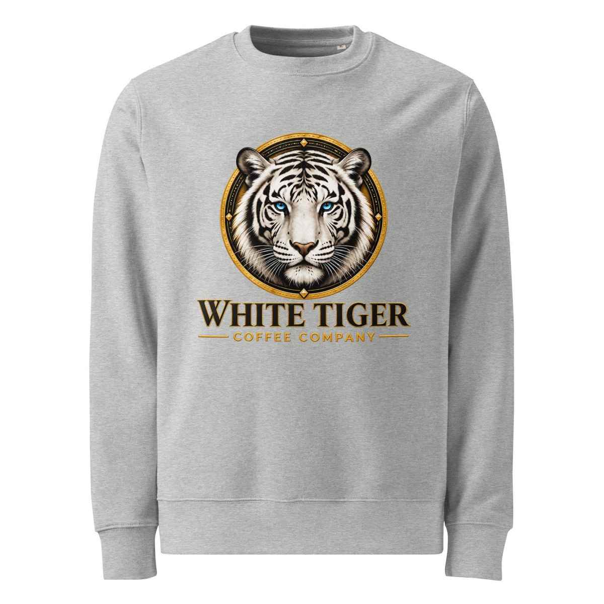Unisex Organic Sweatshirt in heather gray, with a crew neck, ribbed cuffs and hem, and a white tiger graphic.