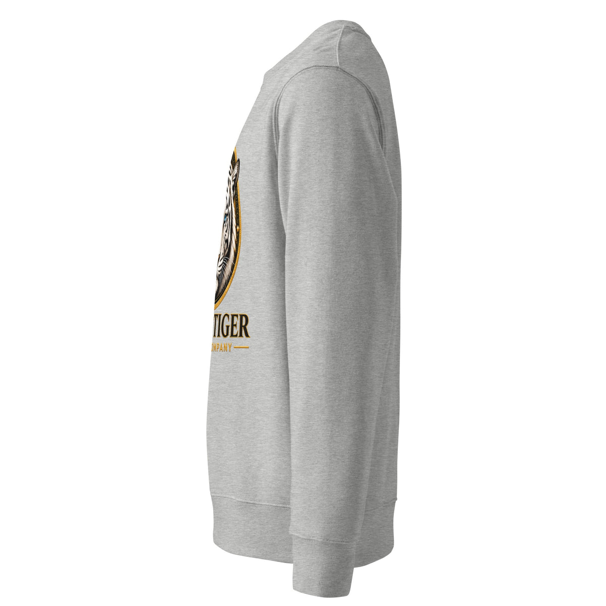Unisex Organic Sweatshirt in heather gray fleece with ribbed cuffs and hem, featuring a partial tiger graphic on the front.