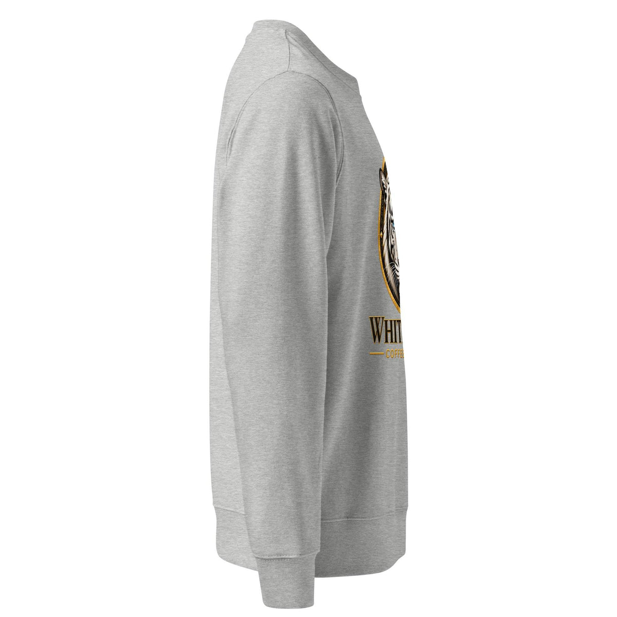 Unisex Organic Sweatshirt in light heather gray cotton-blend fleece, with ribbed cuffs and hem and a partial chest graphic.