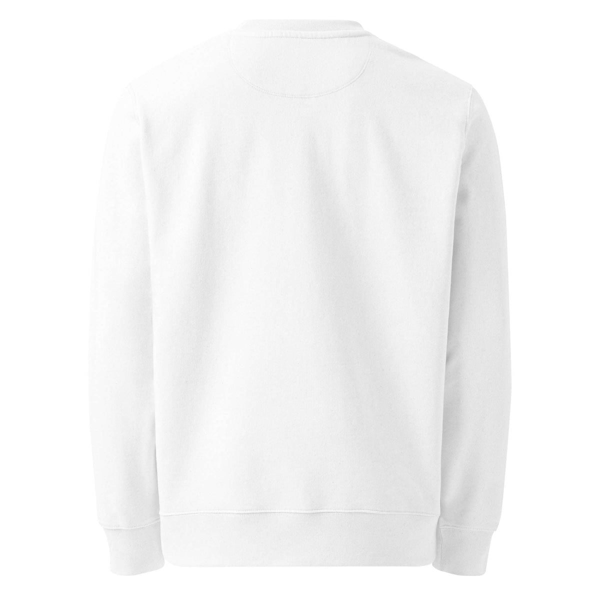 Unisex Organic Sweatshirt in plain white cotton-blend fleece, with a crew neck, long sleeves, ribbed cuffs and hem, and back half-moon detail.