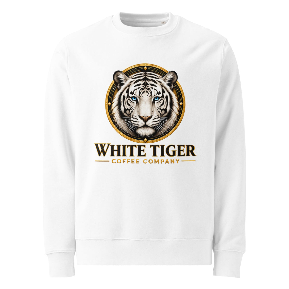 Unisex Organic Sweatshirt in white with long sleeves and ribbed trim, featuring a bold tiger logo and coffee company text.