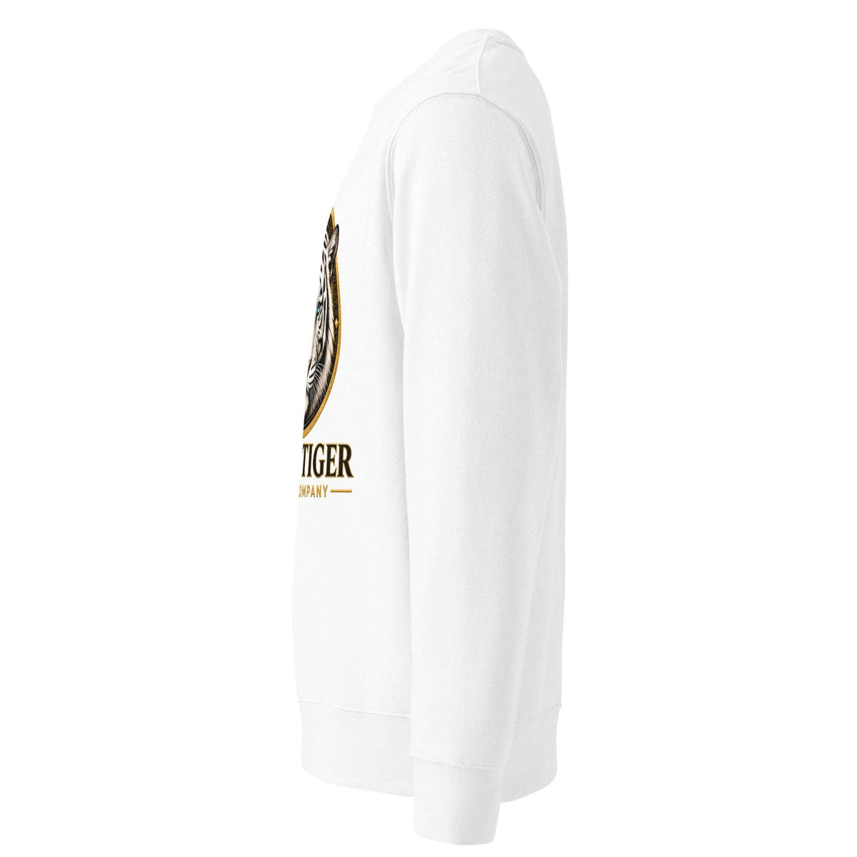 Unisex Organic Sweatshirt in white cotton-blend fleece, with ribbed cuffs and hem and a partial black-and-gold front graphic.