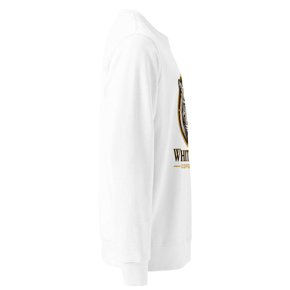 Unisex Organic Sweatshirt in white cotton-blend fleece, with ribbed cuffs and hem and a partial front graphic.