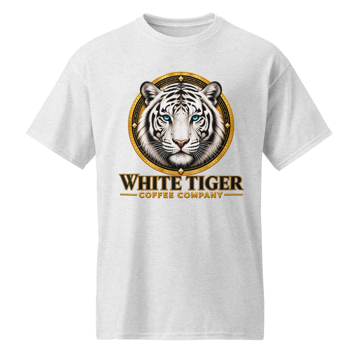 DryBlend T-Shirt in light gray cotton-polyester with a crew neck, featuring a circular white tiger graphic and gold lettering.