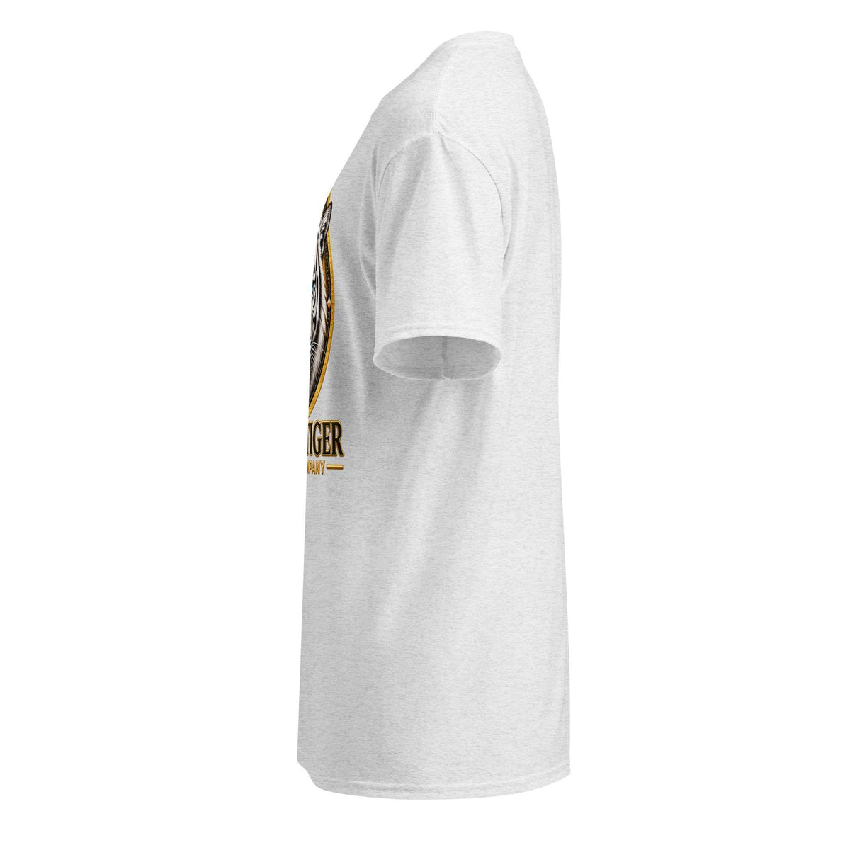 DryBlend T-Shirt in white cotton-polyester fabric, with short sleeves and a partially visible black and gold graphic.