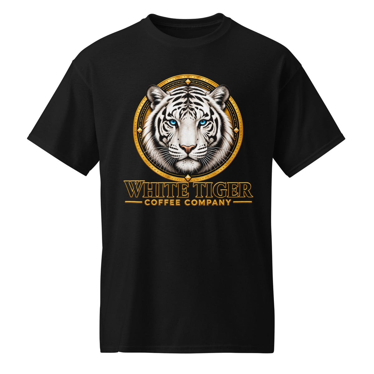 DryBlend T-Shirt in black cotton-polyester, with a bold white tiger graphic and gold lettering on the chest.