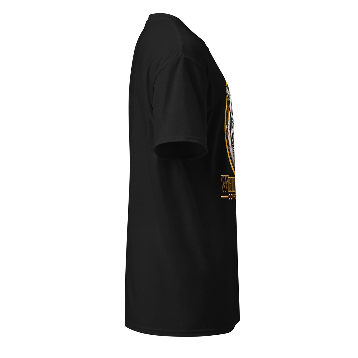 DryBlend T-Shirt in black, soft cotton-polyester blend with short sleeves, ribbed crew neck and partial gold front graphic.
