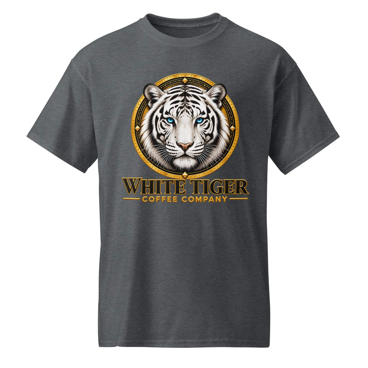 DryBlend T-Shirt in dark charcoal cotton-blend fabric, featuring a white tiger and gold “White Tiger Coffee Company” graphic.
