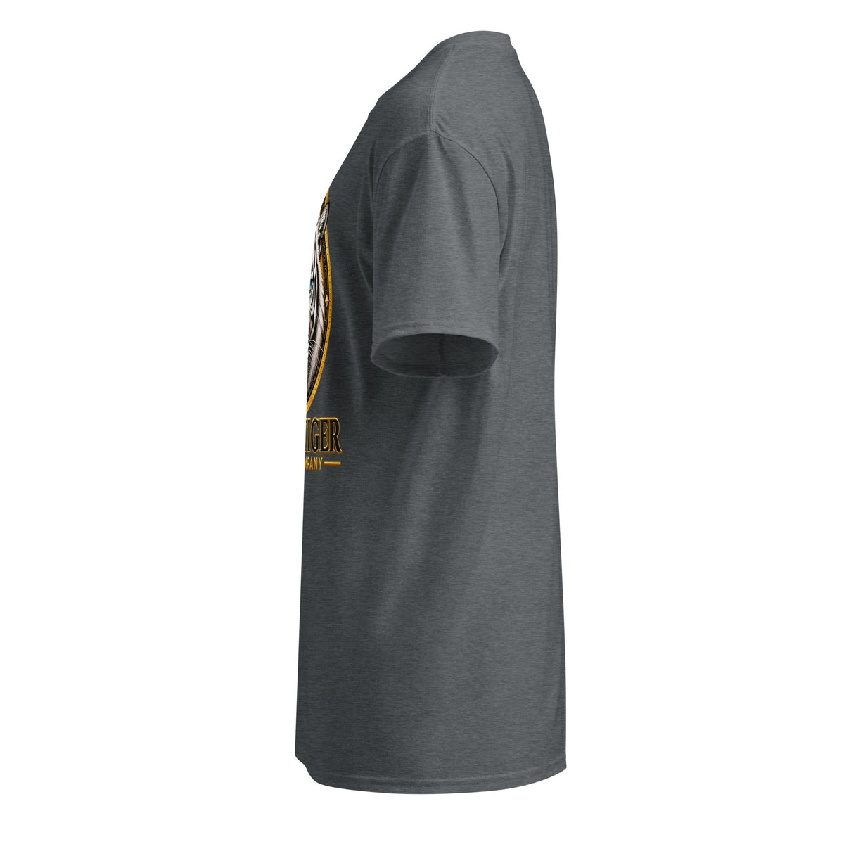DryBlend T-Shirt in charcoal grey cotton-polyester with a heathered texture, short sleeves, and partial gold front graphic.