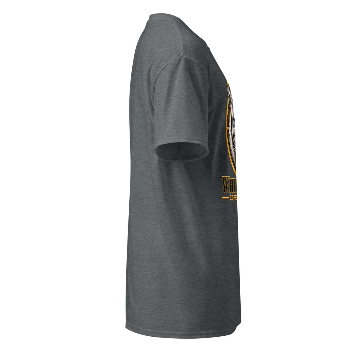 DryBlend T-Shirt in charcoal gray heathered fabric, with short sleeves, a crew neck, and a small gold chest graphic.