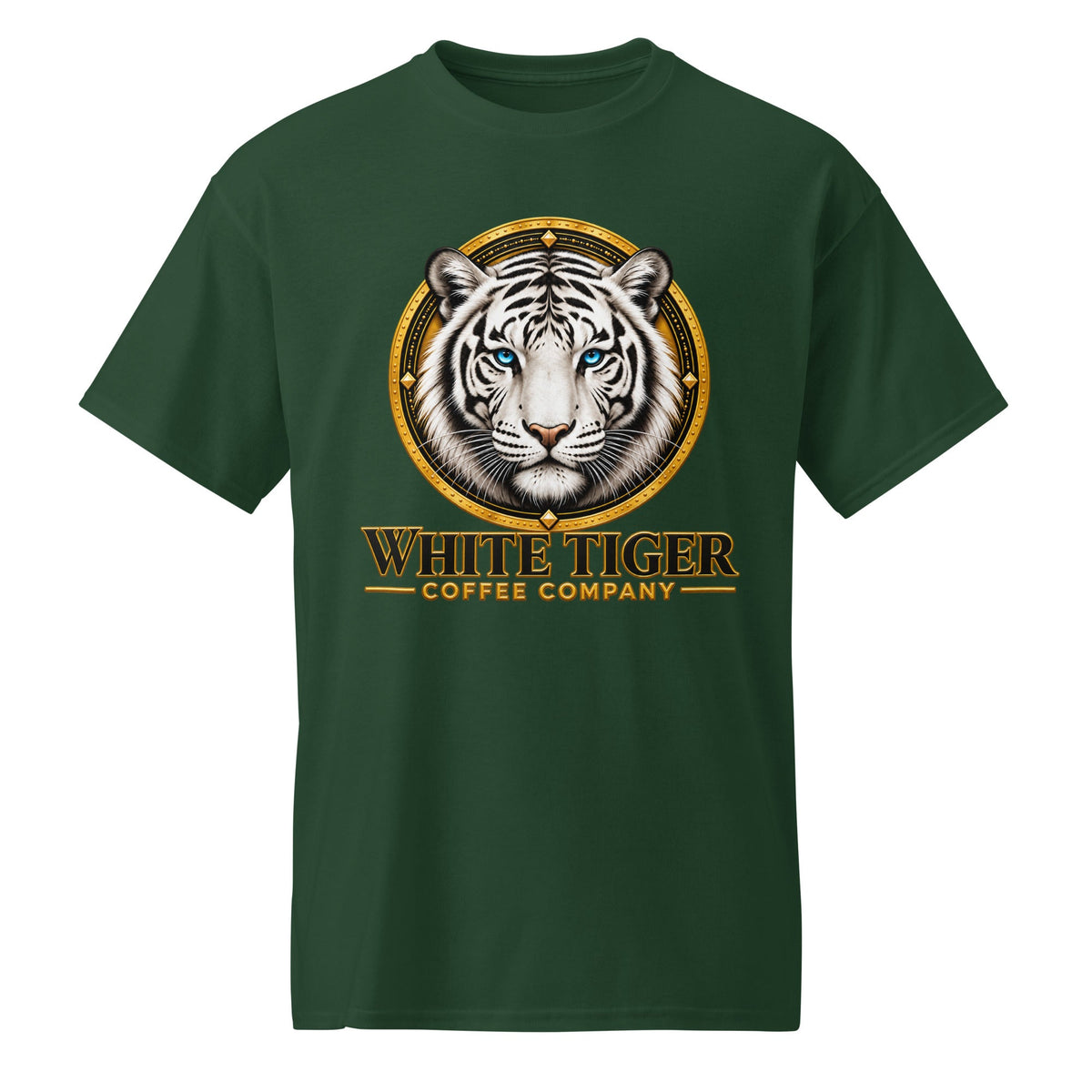 DryBlend T-Shirt in dark green cotton-polyester with a round neck and a bold white tiger and gold coffee company graphic.