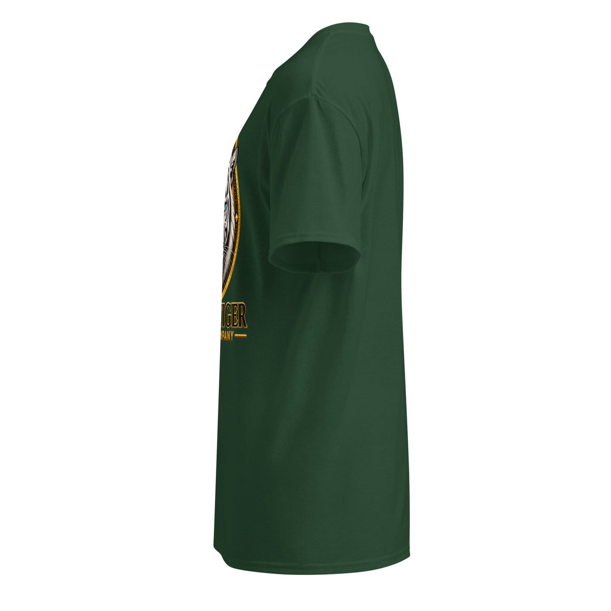 DryBlend T-Shirt in dark green polyester-cotton fabric, with a plain body, short sleeves, and a partial yellow chest graphic visible at the side.