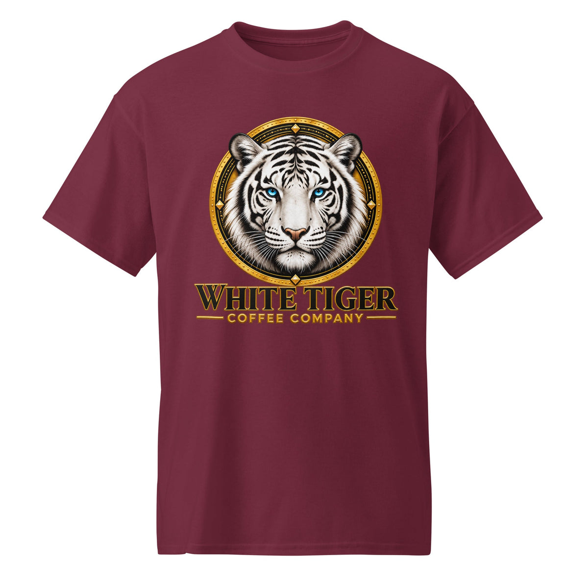 DryBlend T-Shirt in burgundy cotton-blend fabric, featuring a bold white tiger graphic and gold lettering on the front.