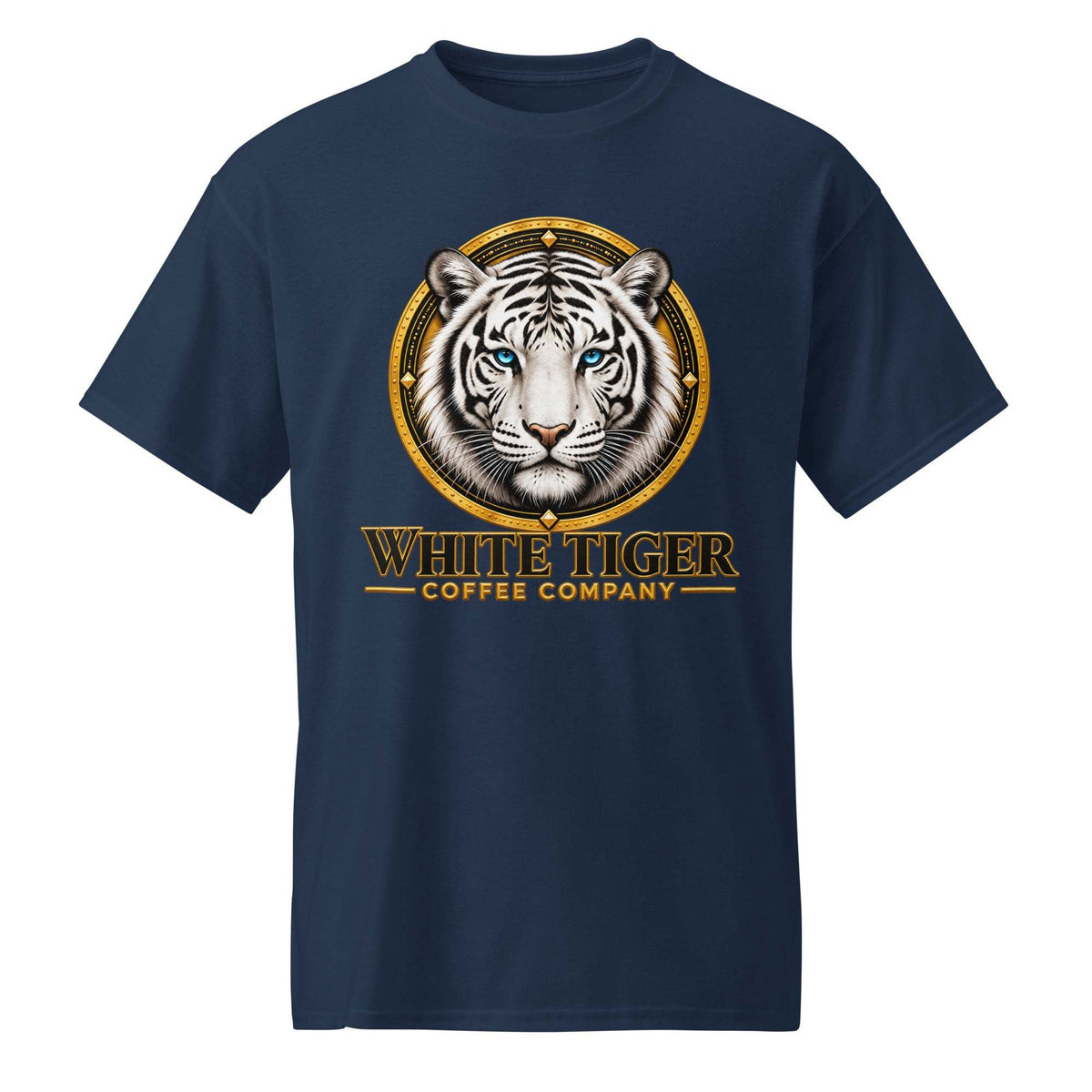 DryBlend T-Shirt in navy cotton-blend fabric, featuring a bold white tiger graphic and gold lettering on the chest.