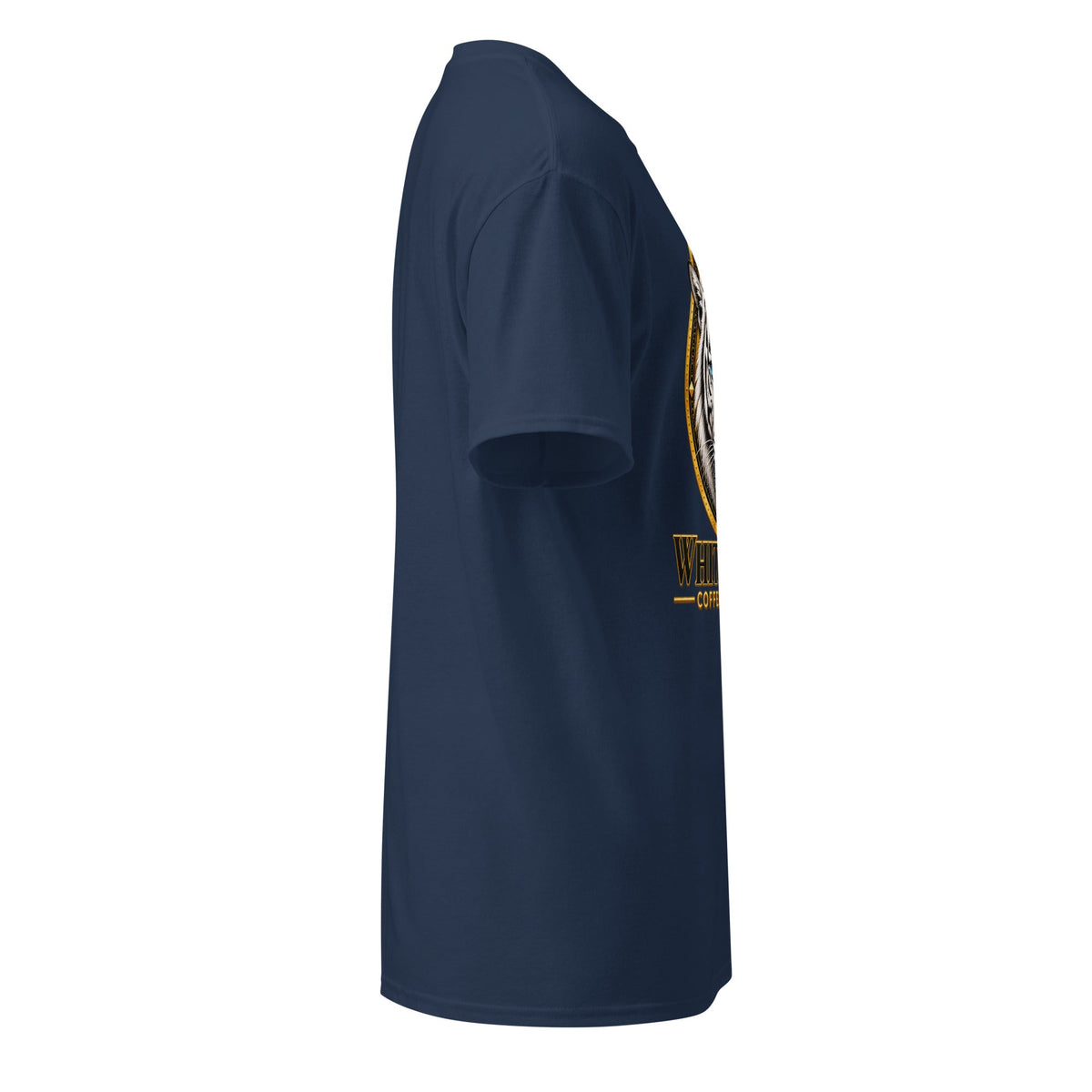 DryBlend T-Shirt in navy cotton-polyester with short sleeves and a partially visible gold chest graphic