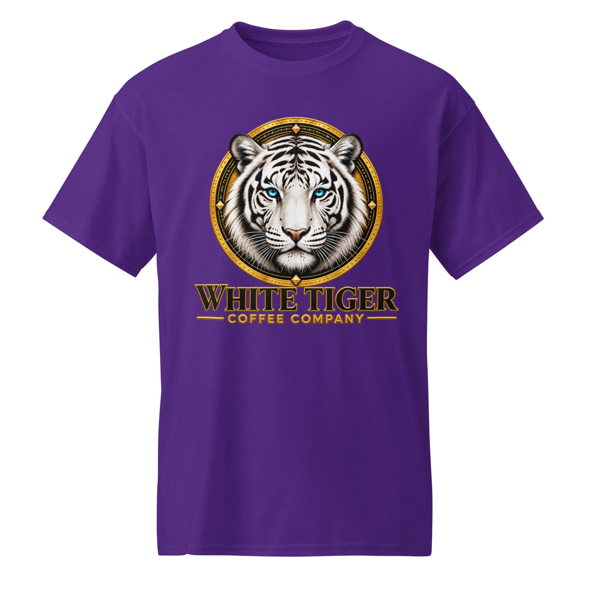 DryBlend T-Shirt in purple cotton-polyester blend, featuring a white tiger graphic and gold “White Tiger Coffee Company” lettering.