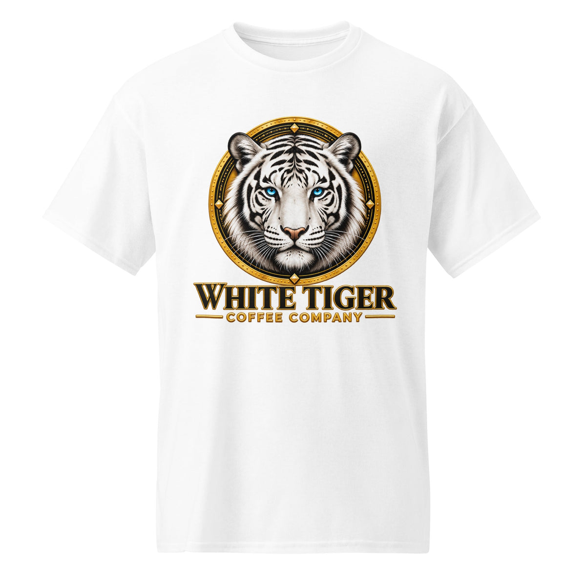 White cotton-blend DryBlend T-Shirt with a round neck and bold white tiger graphic with gold and black lettering on the chest.