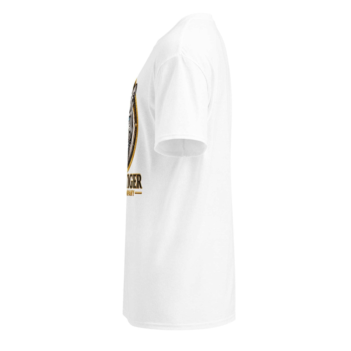 White cotton-blend DryBlend T-Shirt with short sleeves, a ribbed crew neck, and partial black and gold chest graphic.
