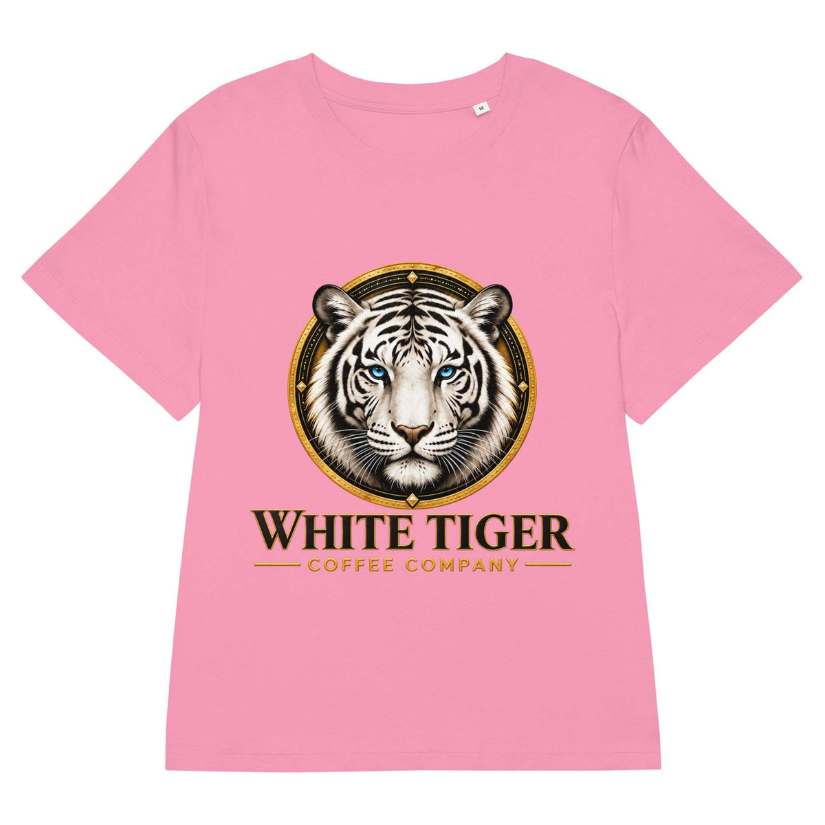 Women’s Organic Ribbed Neck T-shirt in pink cotton, with a round ribbed neckline and bold white tiger graphic on the front.
