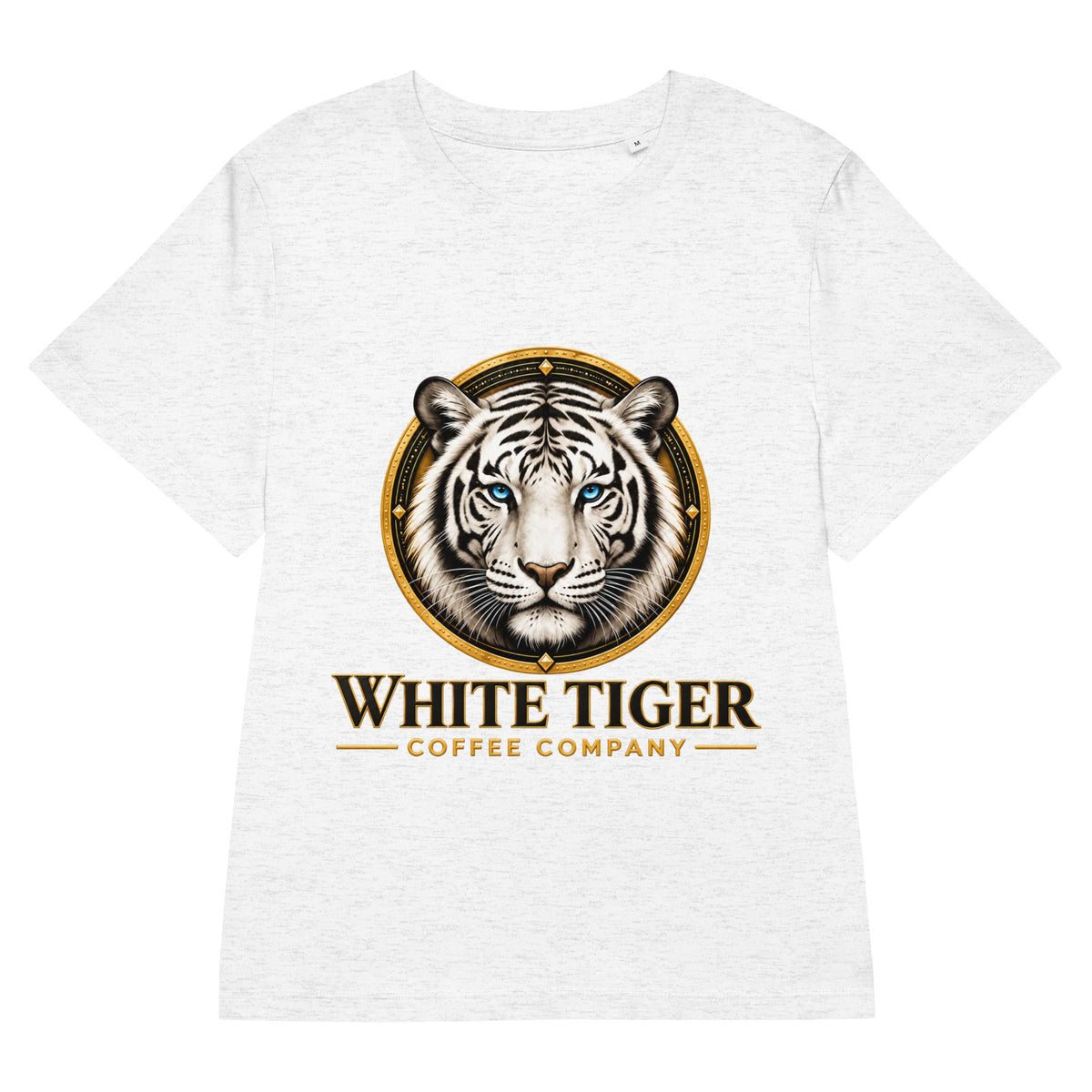 Women’s Organic Ribbed Neck T-shirt in light heather gray cotton, with a bold white tiger and gold coffee company graphic on the front.