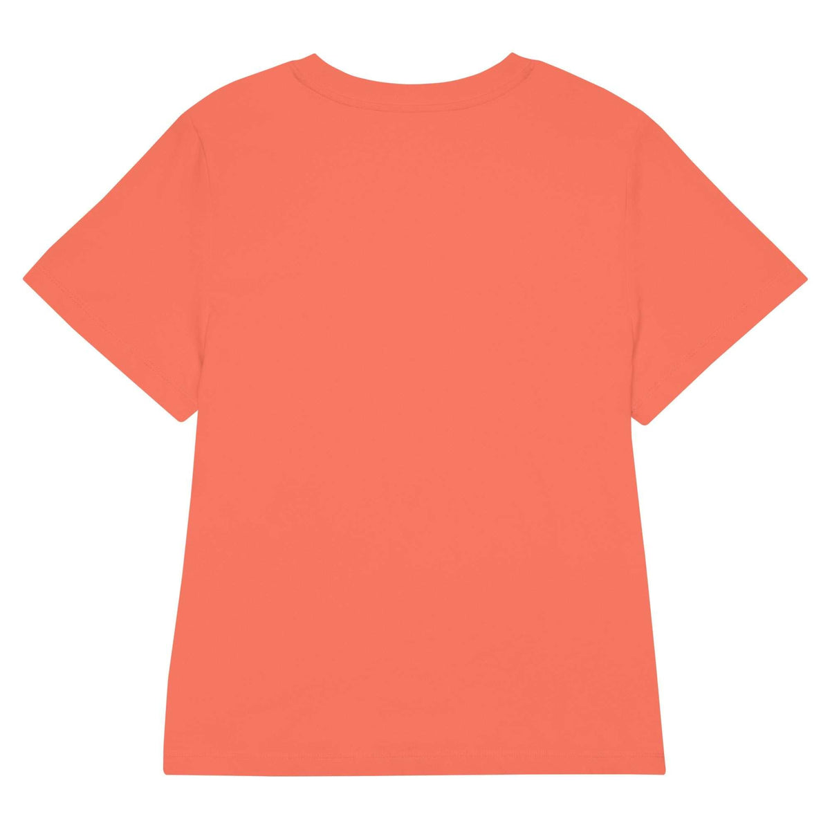 Women’s Organic Ribbed Neck T-shirt in coral, with a plain cotton finish, short sleeves and a classic crew neckline.