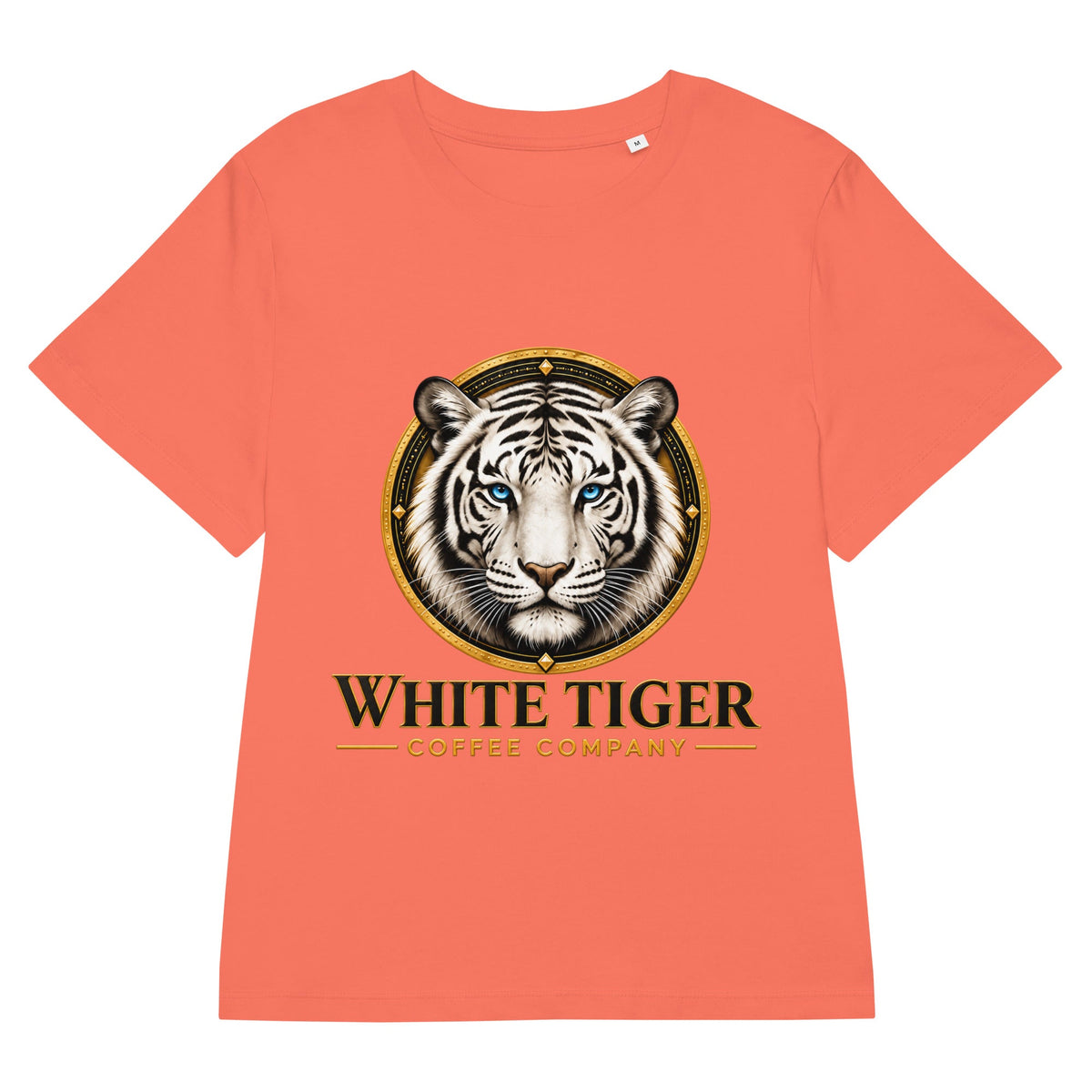 Women’s Organic Ribbed Neck T-shirt in coral cotton, featuring a bold white tiger and “White Tiger Coffee Company” graphic.