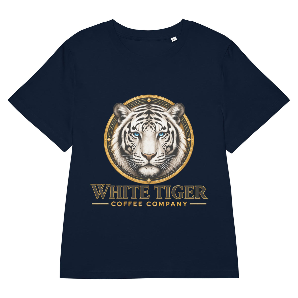 Women’s Organic Ribbed Neck T-shirt in dark navy cotton, featuring a bold white tiger graphic and gold lettering.